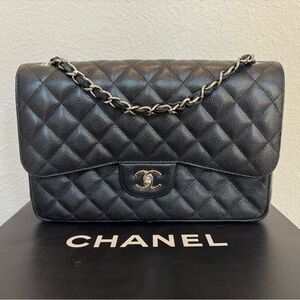 Chanel Black Caviar SHW Large Jumbo Quilted Double Flap Bag